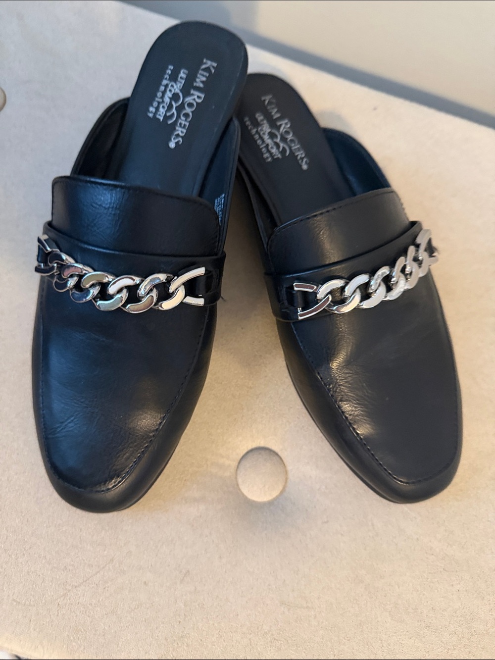 Kim Rogers Black Slip-On Loafers with Silver Chain